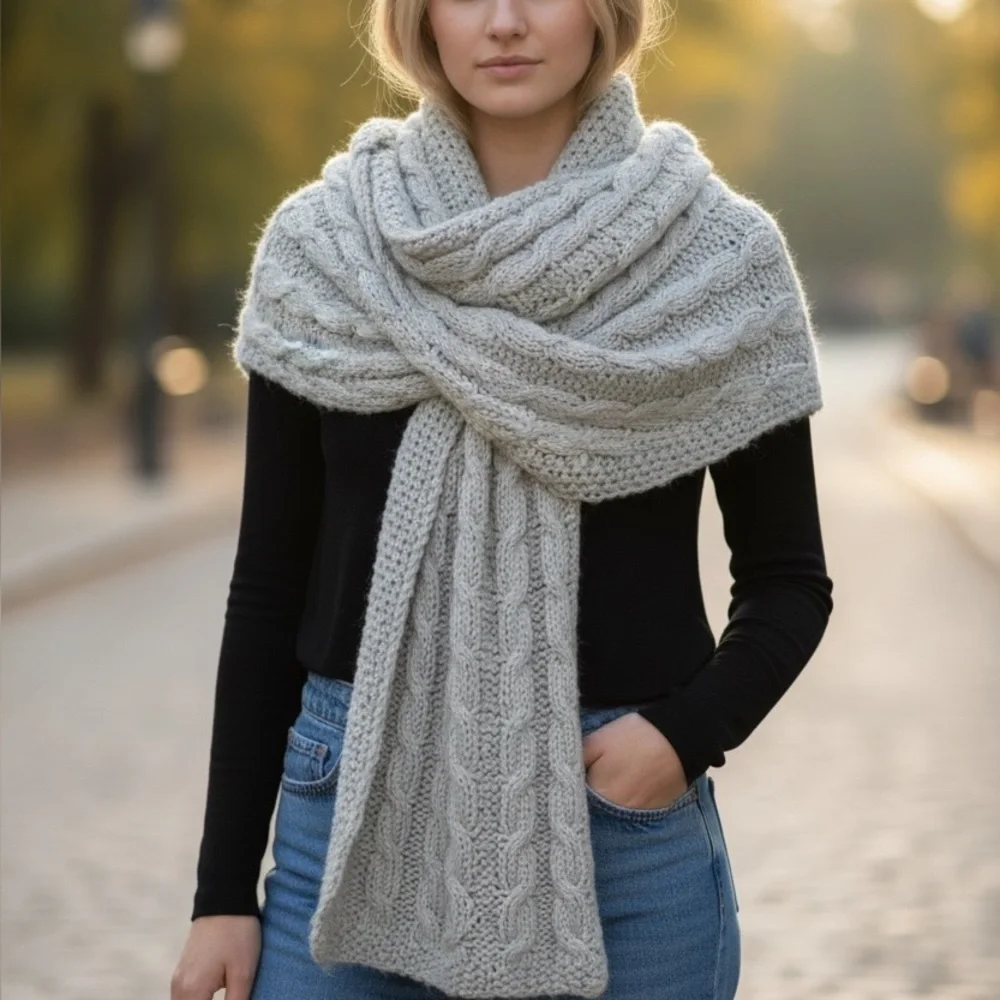 Scarf Hand Crafted Cable Silver Sage Green Oversize Elegant Knit Long Wrap r - Picture 2 of 14